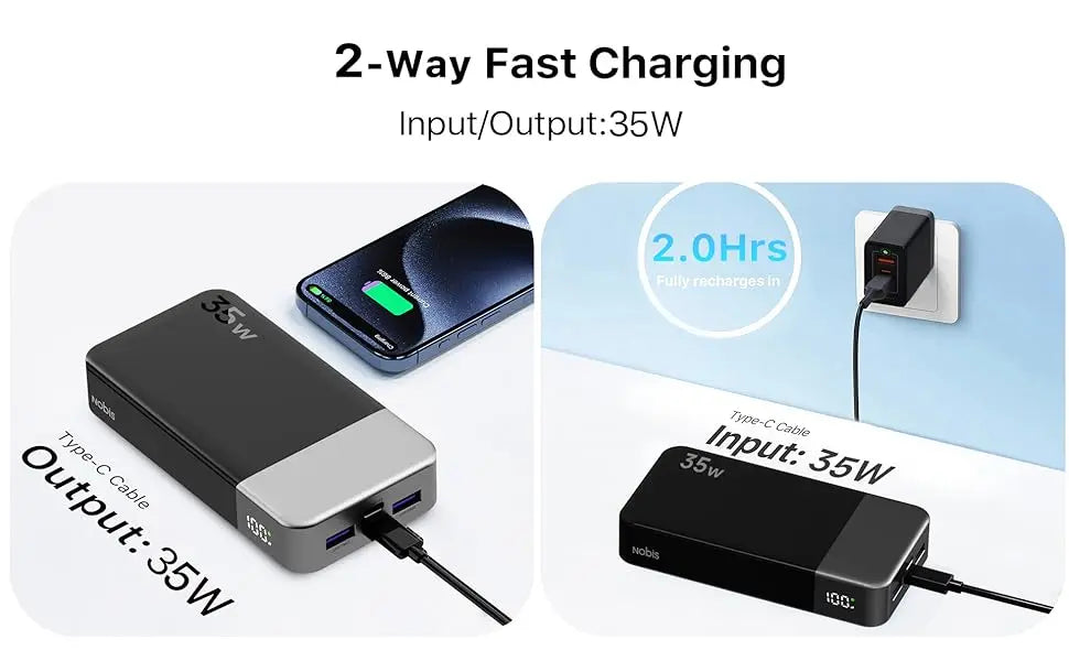NOBIS Portable Charger, 20000mAh Power Bank, 35W Power Bank Fast Charging, Battery Pack with C to C Cable, Battery Bank